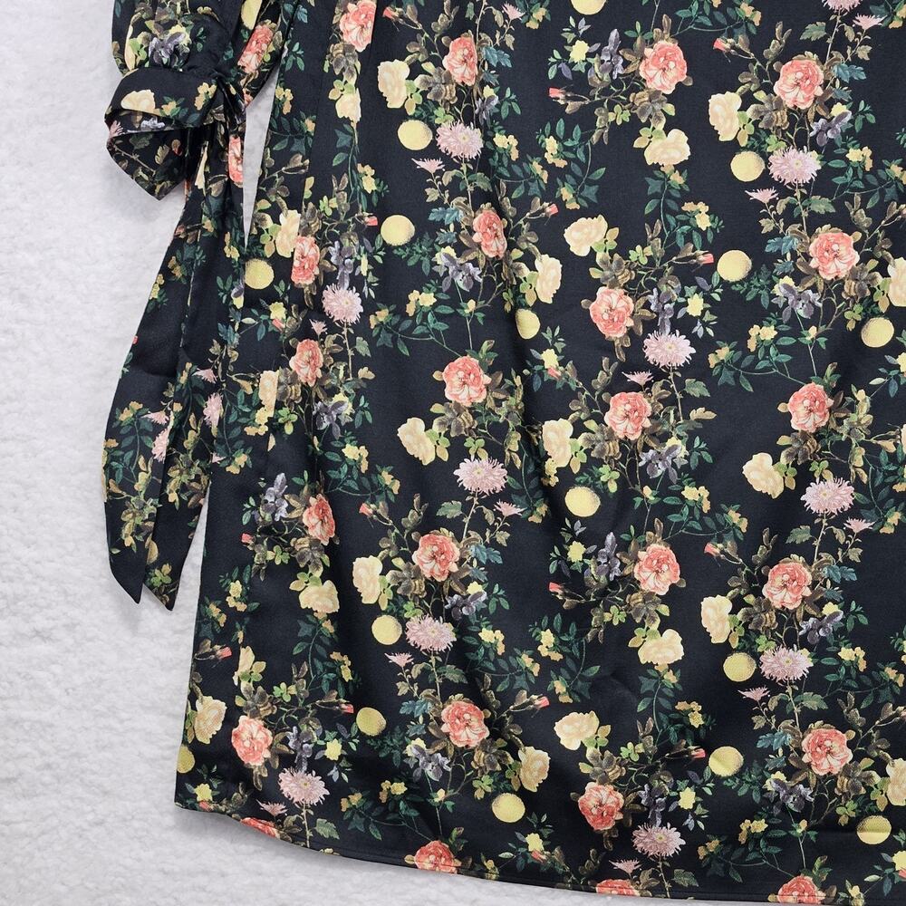 Banana Republic Black Floral Midi Shift Dress 3/4 Tie Sleeve Size 12 Cottagecore - Picture 8 of 16